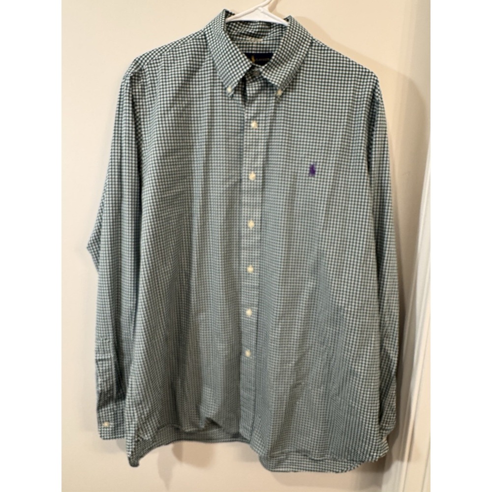 Ralph Lauren‎ Shirt Mens Large 100% Cotton Stretch Green White Check